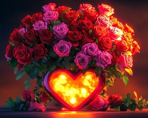 A vibrant floral arrangement of red and pink roses in a heart-shaped vase with a glowing ambiance."