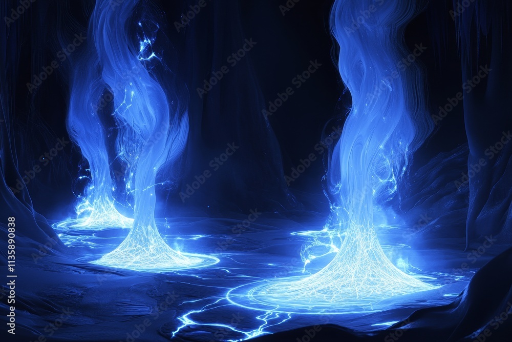 Poster ethereal blue light streams emanating from mysterious pools in a dark and enigmatic cave environment