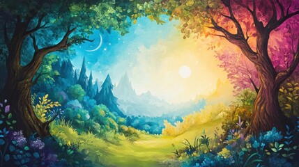 A Watercolor Painting of a Mystical Forest with Night and Day Landscapes