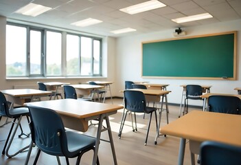 Interior of classroom with desks