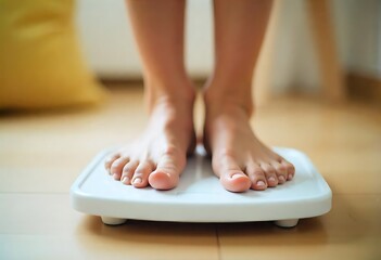 Young woman standing on scales at home, closeup. Weight loss concept