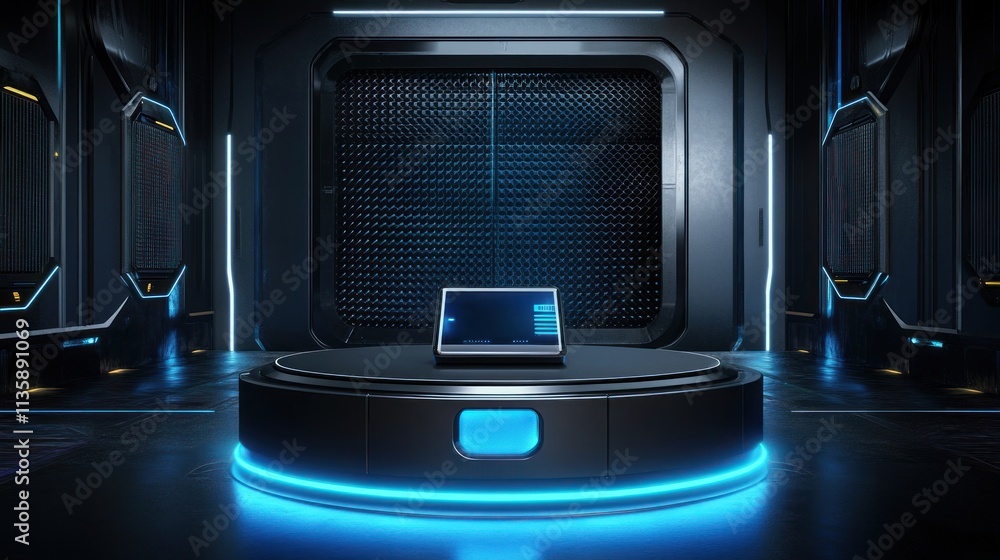 Poster futuristic device displayed on illuminated platform in dark room