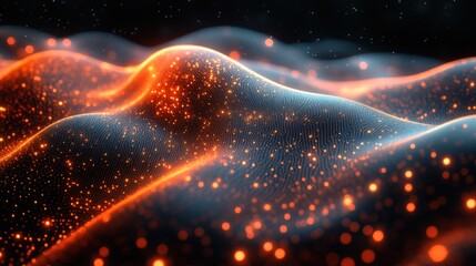 Fototapeta premium Abstract representation of waves with glowing particles, evoking a cosmic or digital landscape.