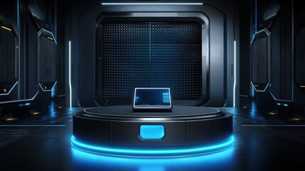 Futuristic Device Displayed On Illuminated Platform In Dark Room