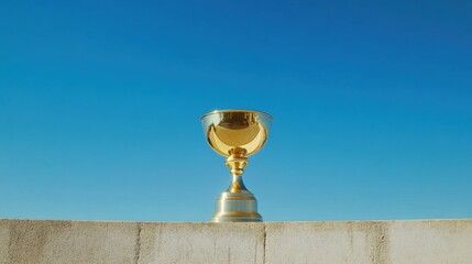 Gold trophy sitting on a wall against a blue sky