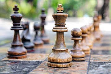 Close-up shot of a wooden chess king standing on a chessboard outdoors in a garden setting A creative interpretation of competitive analysis in a business plan