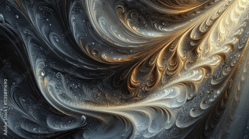 Poster abstract swirling patterns in shades of black, white, and gold create a mesmerizing visual effect.