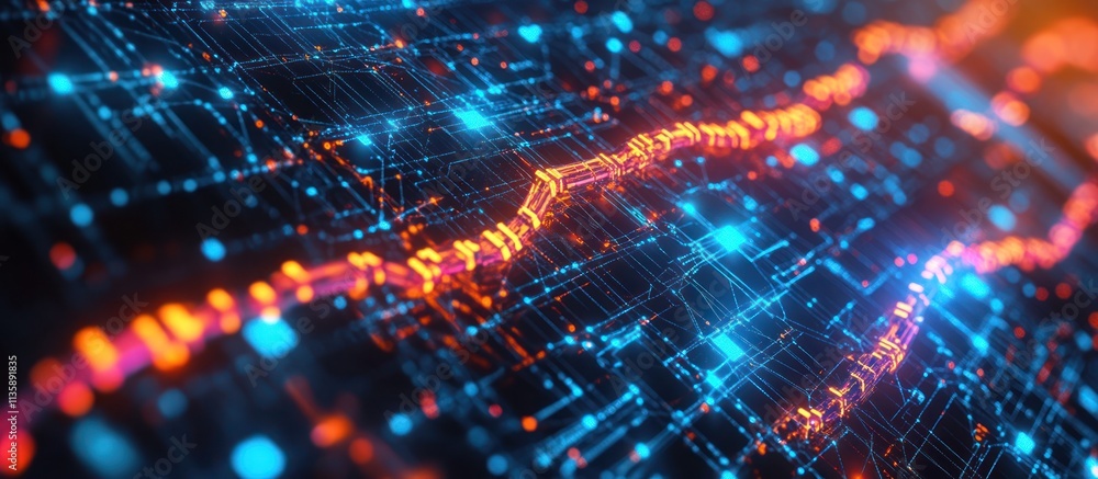 Poster abstract digital network background with glowing lines and nodes in blue and orange.