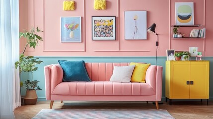 Vibrant studio apartment with a cozy loveseat in pastel shades, compact storage cabinets, and decorative art pieces. A perfect mix of form and function.