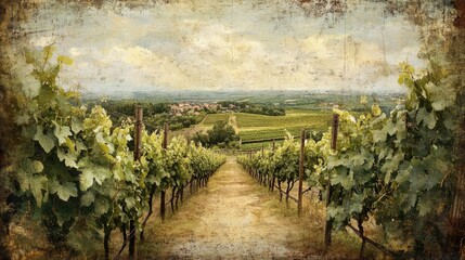 Naklejka premium Vineyard Pathway Leading To Distant Village