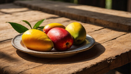 Ripe Mango on Rustic Plate with Soft Sunlight