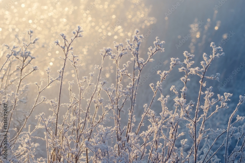 Aufkleber frost-covered plants glimmering in the morning light with a soft bokeh background creating a magical