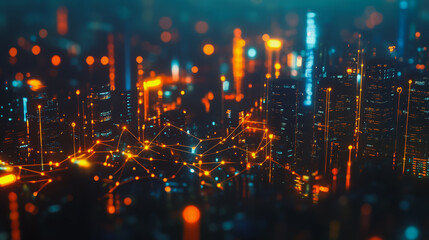 Fototapeta premium Smart digital Innovation city with connection network reciprocity over the cityscape. of future smart wireless digital city and social media networking systems that connects people with in city