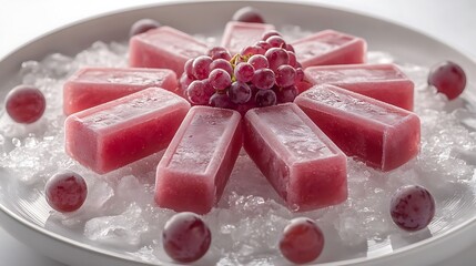 Grape popsicles arranged in a circular pattern on a white ceramic plate, with crushed ice and small grape bunches as garnish, natural light casting soft highlights, hd quality,