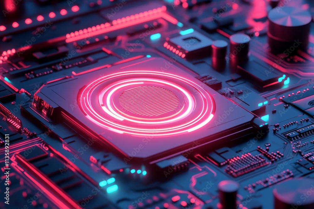 Poster futuristic circuit board with neon lights: close-up view of a high-tech microchip surrounded by vibr