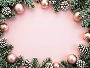 Christmas frame greeting card. Christmas frame, pink xmas background with pine tree branches gold snowflakes balls garland, copy space for texts in center.