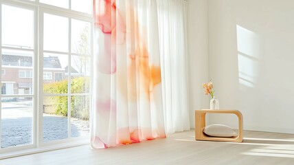 watercolor curtain design for modern home ,abstract curtain fabric interior ,soft watercolor curtain idea in minimal room ,abstract watercolor curtain with pastel colors