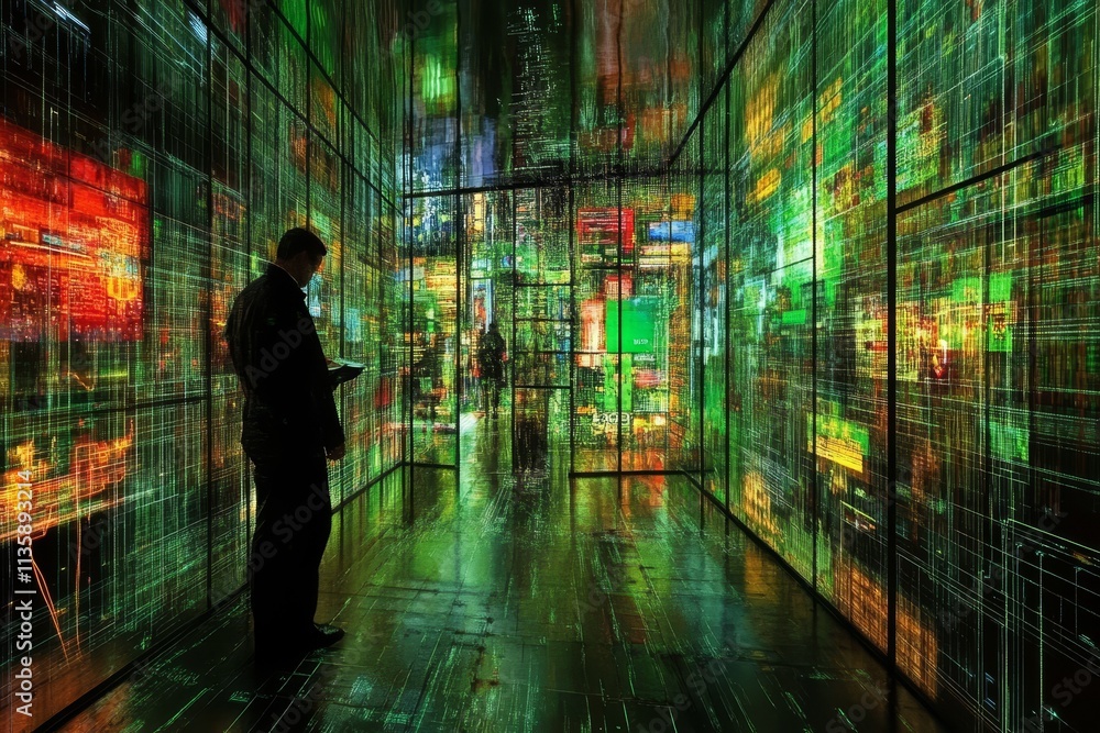 Poster futuristic data visualization environment with man holding tablet in immersive digital space surroun
