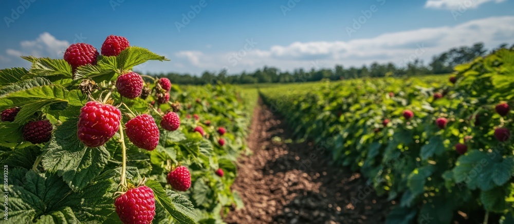 Poster rows of raspberry bushes with ripe fruit growing in a field under a blue sky.