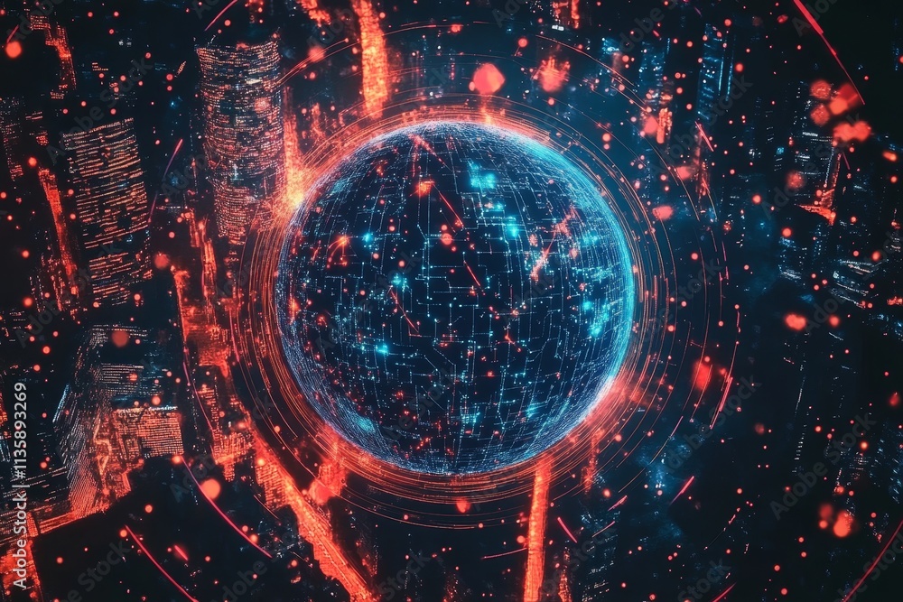 Poster futuristic digital globe surrounded by abstract data streams and bright particles representing globa