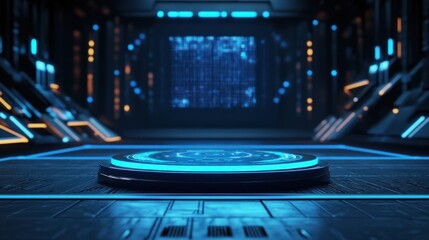 Obraz premium Futuristic Platform with Blue Neon Lights and Digital Display