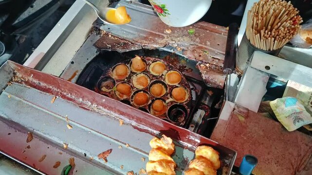 Traditional street food from fried pentol, meatballs, cilok, fried cimol. Focus on food, 