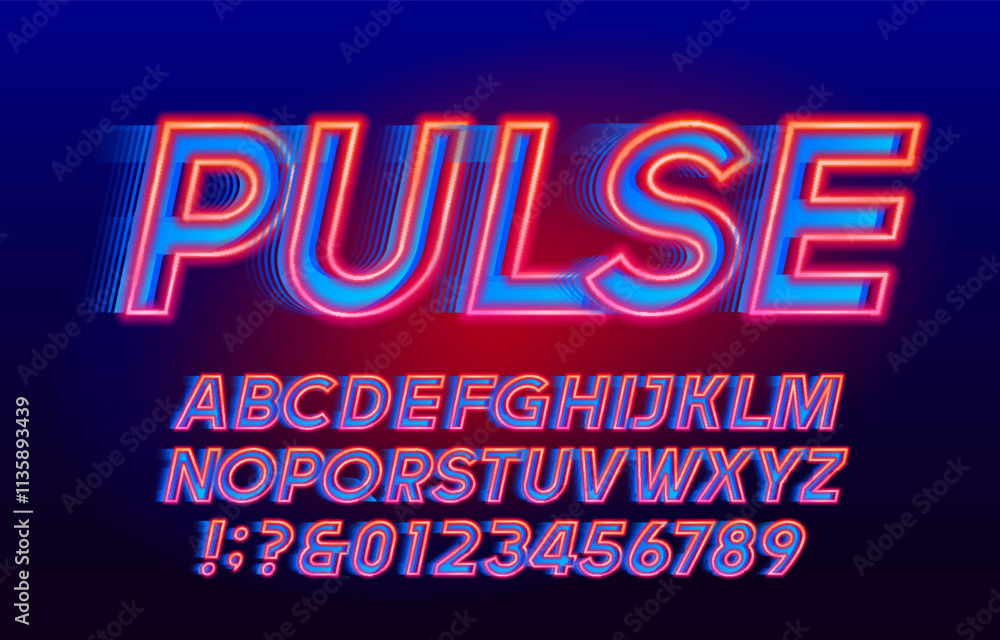Poster pulse alphabet font. neon light letters and numbers with a wind effect. stock vector typeface for yo