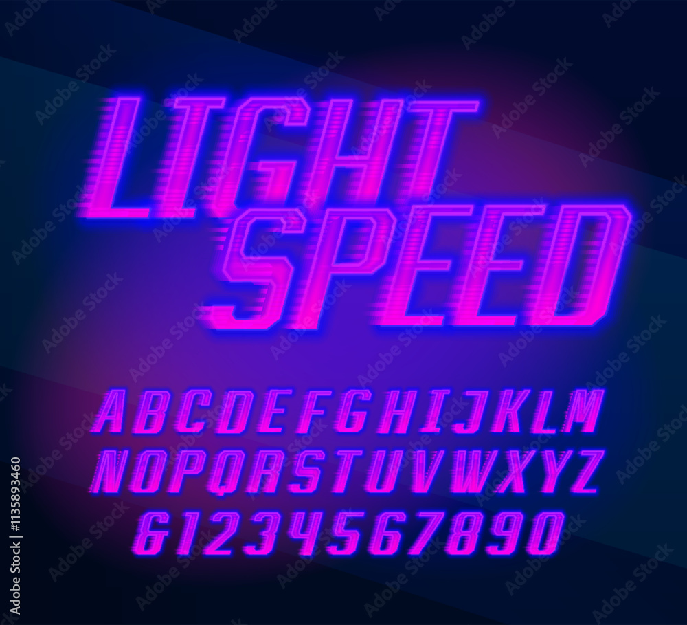 Poster Light Speed alphabet font. Neon light letters and numbers with a speed effect. Stock vector typeface for your design.