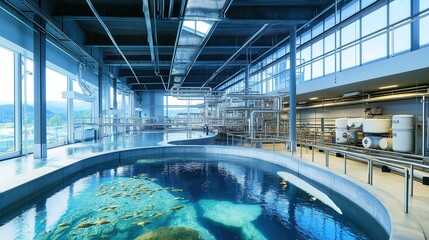 Fototapeta premium Aquaculture facility with large tanks containing various species of fish, sustainable farming practices, and advanced technology for water quality monitoring and feeding systems. 