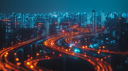 Fototapeta premium Smart digital Innovation city with connection network reciprocity over the cityscape. of future smart wireless digital city and social media networking systems that connects people with in city