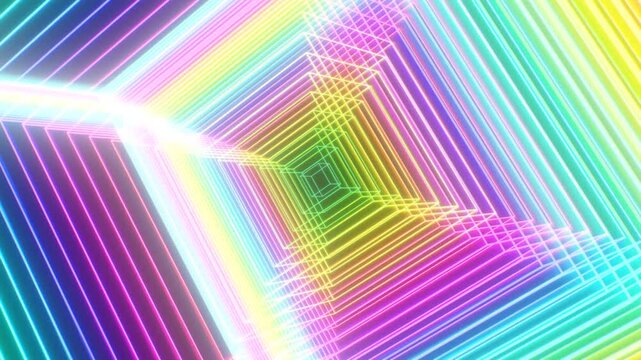 Abstract Rotating Crazy Hyper Rainbow Multicolored 3D Neon Glow Cube - 4K Seamless VJ Loop Motion Background Animation