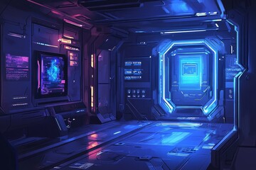 Obraz premium Futuristic Sci-Fi Interior with Neon Lights and High-Tech Displays in a Dark Environment for Gaming, Movies, or Virtual Reality Experiences