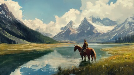 Cowboy on Horseback at the Edge of a Lake in a Mountain Valley