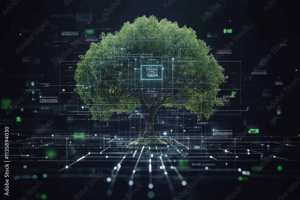 Poster futuristic tree with digital overlay representing the intersection of nature and technology in a vir