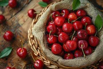 A basket of red cherries sits on a wooden table