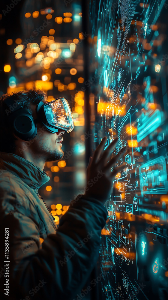 Poster man using futuristic vr headset interacting with glowing holographic digital interface