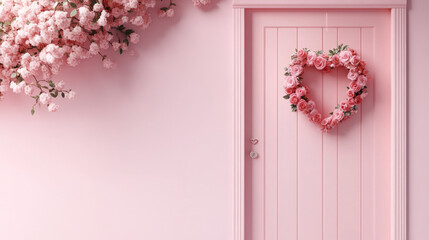 Charming pink door adorned with heart shaped floral wreaths