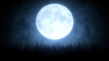 Obraz premium Full Moon Night Dark Grass Mystical Moonlit Scene