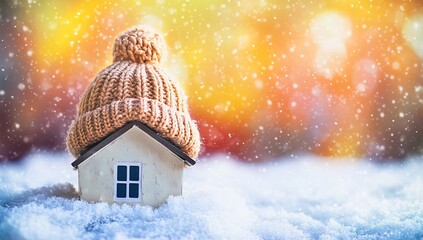 Naklejka premium Cozy Winter House in Snowy Landscape, Knit Hat