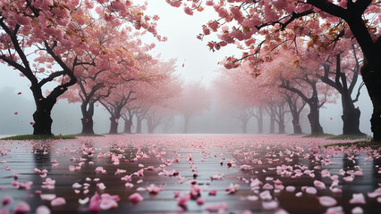 Cherry blossoms falling on a rainy day