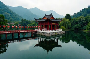 Fototapeta premium Temple Reflected on Serene Lake with Lantern Decor