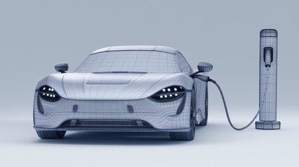 Modern electric car in a silver finish connected to a charging station on a white background .low poly wireframe