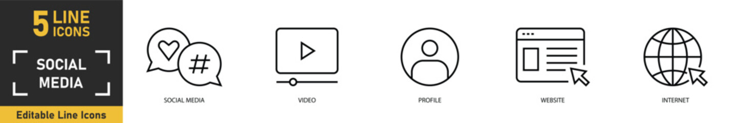 Fototapeta premium Social Media line icon set. Set of 5 outline icons related to social media, video, profile, website, internet and more. Vector illustration.