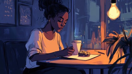 Woman writing in cafe at night.