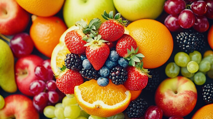 Various fruits such as grapes, apples, strawberries, etc