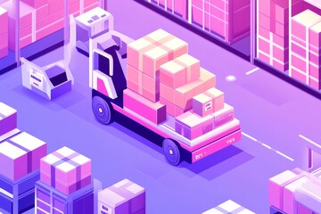 Fototapeta premium Isometric Illustration of a Forklift in a Colorful Warehouse with Stacked Boxes and Pallets Surrounded by Various Shipping Containers and Storage Racks