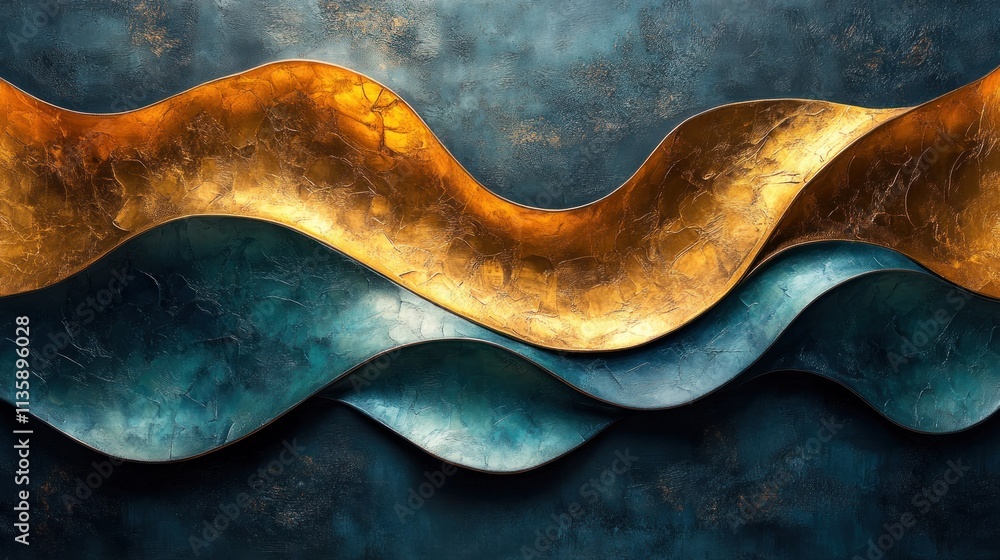 Poster Abstract wavy design with textured gold and teal elements on a dark background.