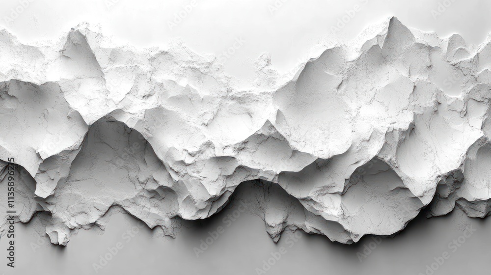 Poster abstract white mountain-like structure with textured surfaces and shadows.