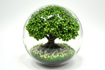 Lush Green Miniature Tree Encased in Glass Sphere with Decorative Pebbles for Home Decor and Nature Inspired Aesthetic