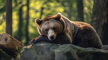 Fototapeta premium Brown bear resting on a rock in a forest. Wildlife, nature, conservation concept.